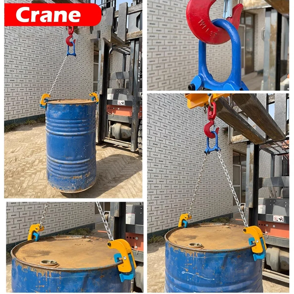 Heavy Duty Barrel Lifting Chain for Plastic & Steel Drums, 4 Hooks Vertical Drum Lifter with Self-Lock Clamp, Sling Handling Equipment for Crane Forklift
