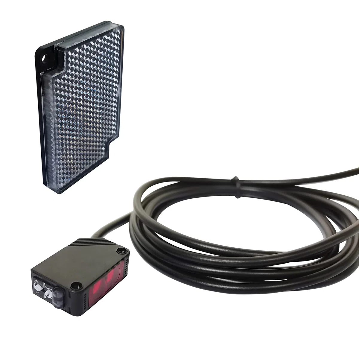 STBTECH E3Z-R61 Lichtschrankensensor Innenwandmontage NPN (NO oder NC schaltbar) Reflektierender Lichtschranke Spiegel reflexion N?herungsschalter mit 2 m Kabel, Reflektorplatte, 2 m induktionsabstand