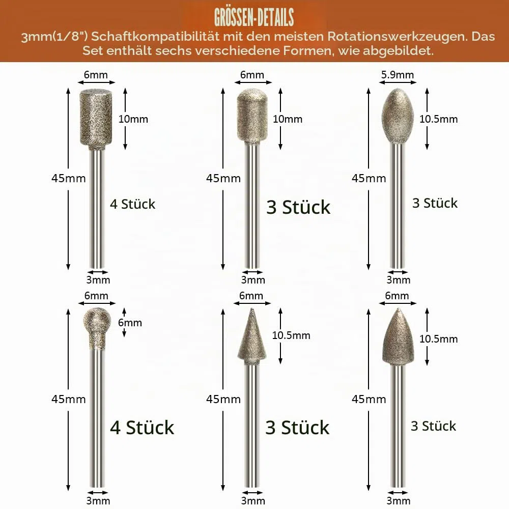 20 Stück Diamant Fräser Set,Diamant Frässtifte Schleifstifte Kompatibel mit Dremel Rotary Tool Zubehör mit 1/8" Schaft Passform für Stein Glas Keramik Schnitzen,Schleifen,Polieren,Gravieren,Bohren