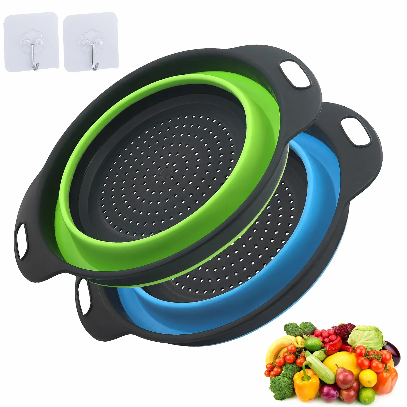 2 StüCk Faltbarer Seiher Sieb(Blau und Grün), Küche Silikon Klappbar Abtropfsieb Nudelsieb Set, Küchensieb Abwaschschüssel von Nudeln, Obst, Gemüse(28.5cm)