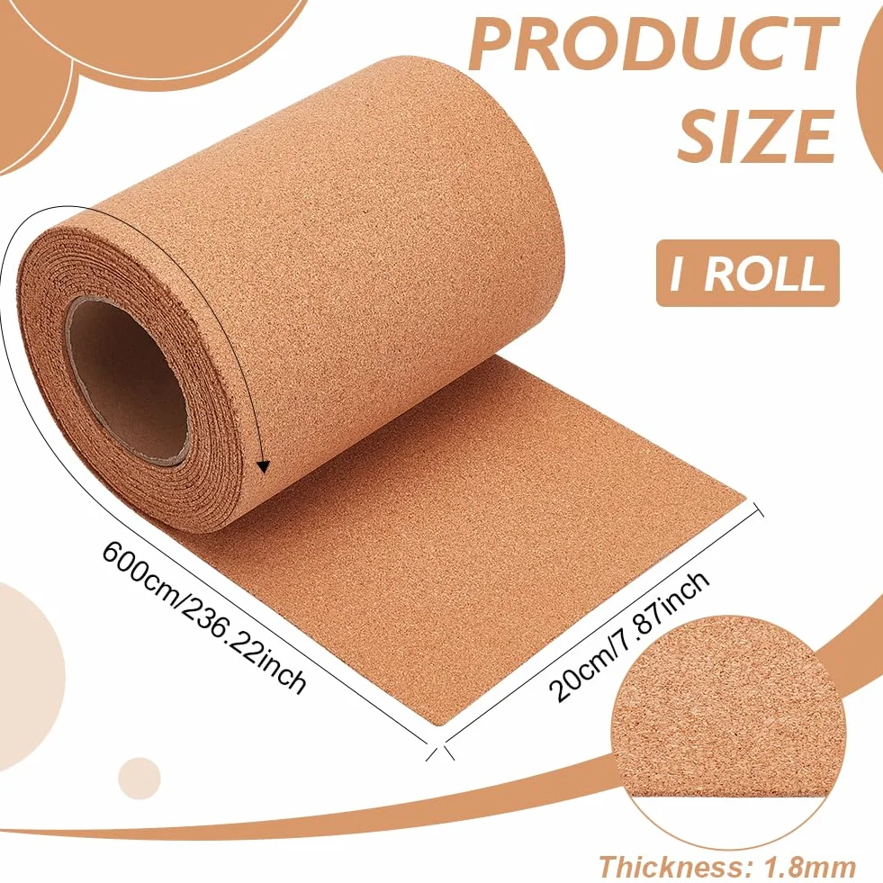 BENECREAT 600x20cm Korkrolle, 2mm Naturkorkbrett Pinnwand Korkbrett Papierblätter für Untersetzer, Wanddekoration, Party und DIY Handwerksbedarf
