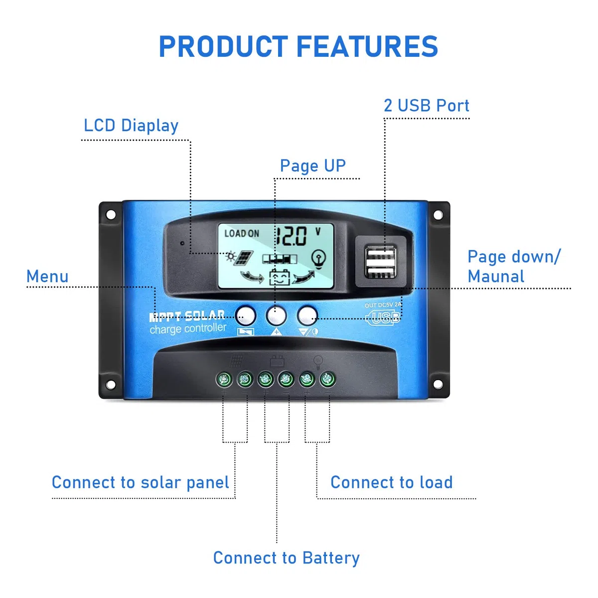 30A MPPT Solarladeregler,12V/24V Solar Charge Controller ,Autofokus Tracking,Solarpanel Regler mit LCD Display,Dual USB port