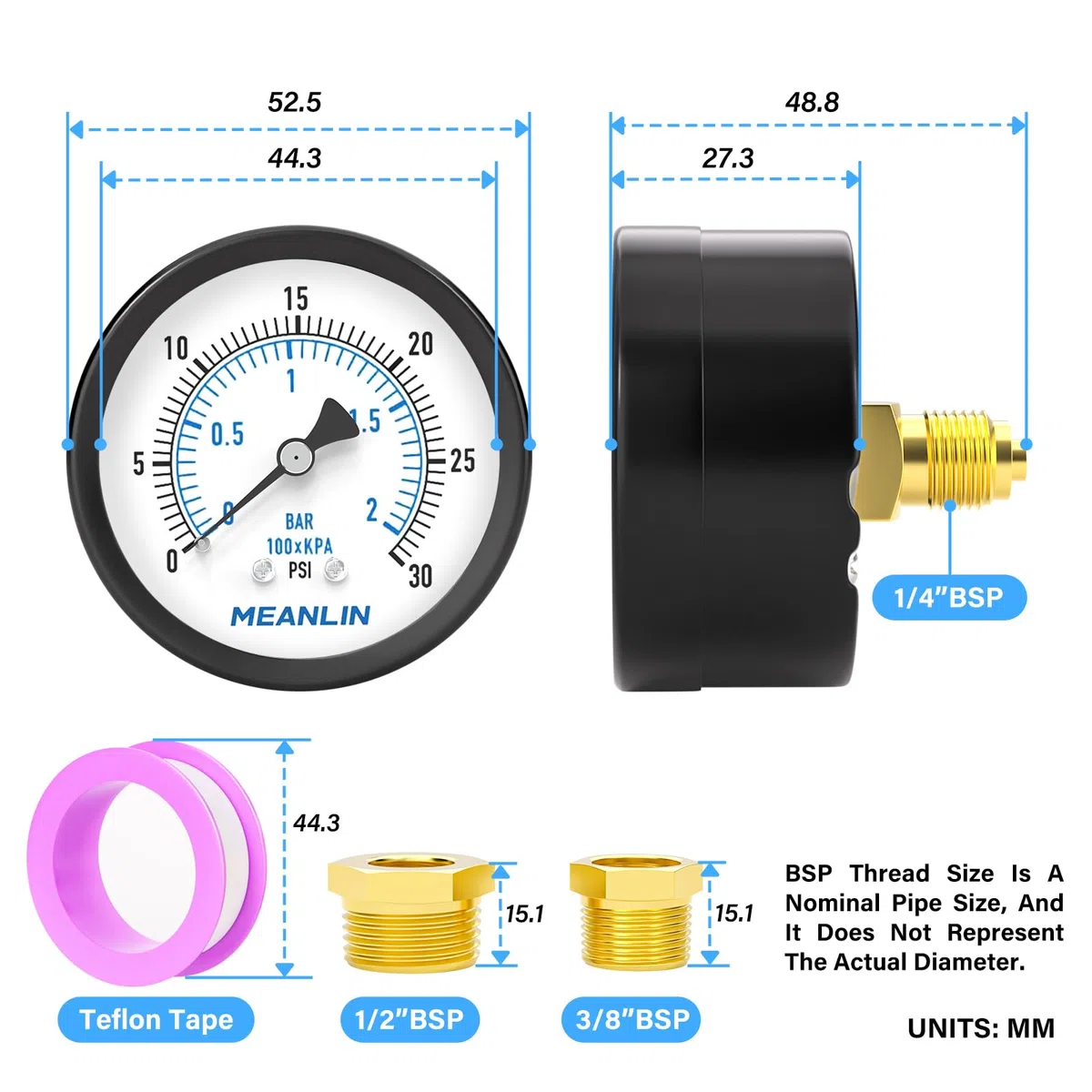 MEANLIN MEASURE 0~2BAR/0~30PSI Brunnenpumpe Druckmesser 2"DIAL FACE 1/4"BSP, mit 1/4"x 1/2"BSP und 1/4"x 3/8"BSP Hex Bushing, Pool Sand Filter Wasser Öl Luftdruck Test Center Back Mount