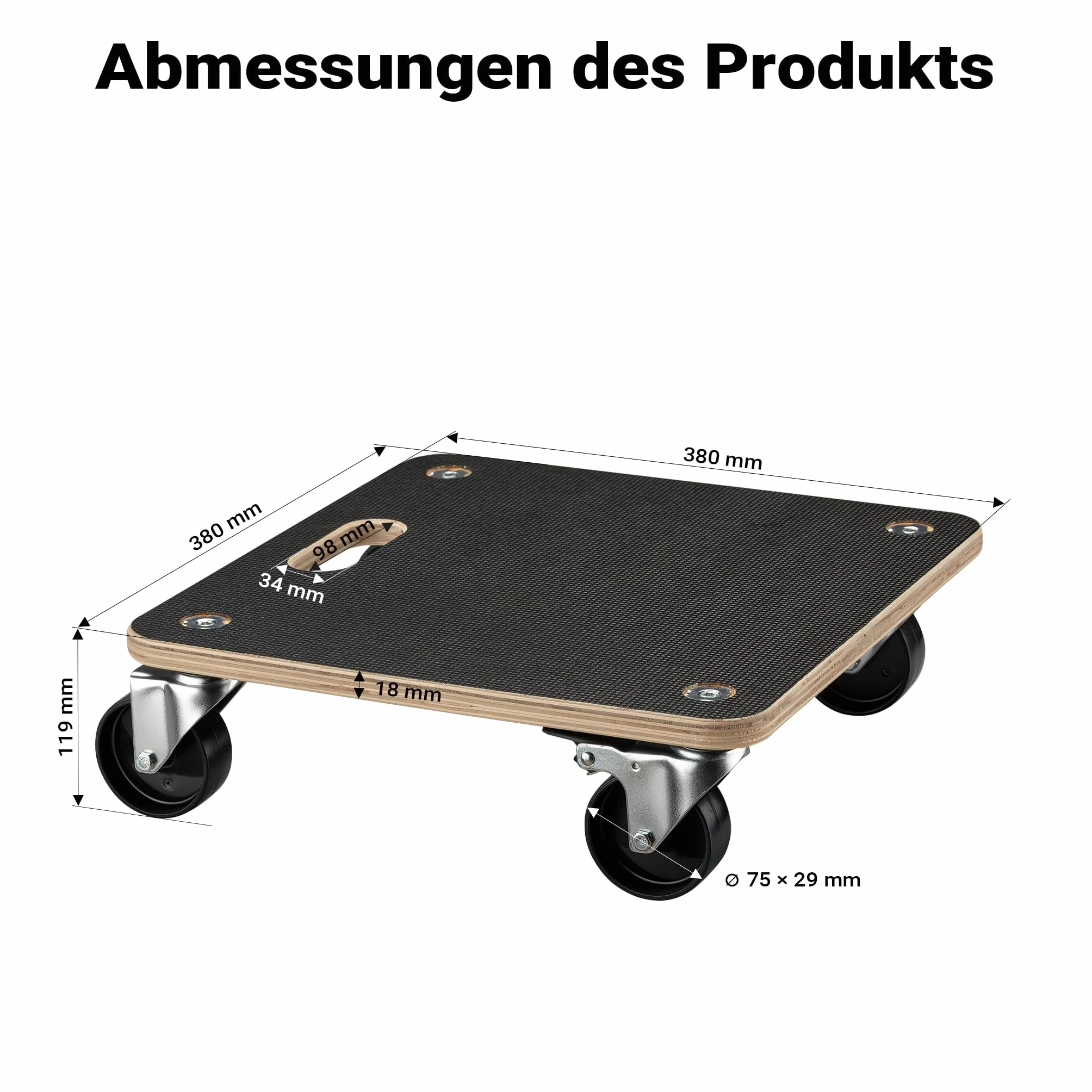Wiltec 2X Transportroller 380 x 380 x 119 mm mit 250 kg Traglast je Möbelroller, Rollbrett aus Holz mit 4 Lenkrollen