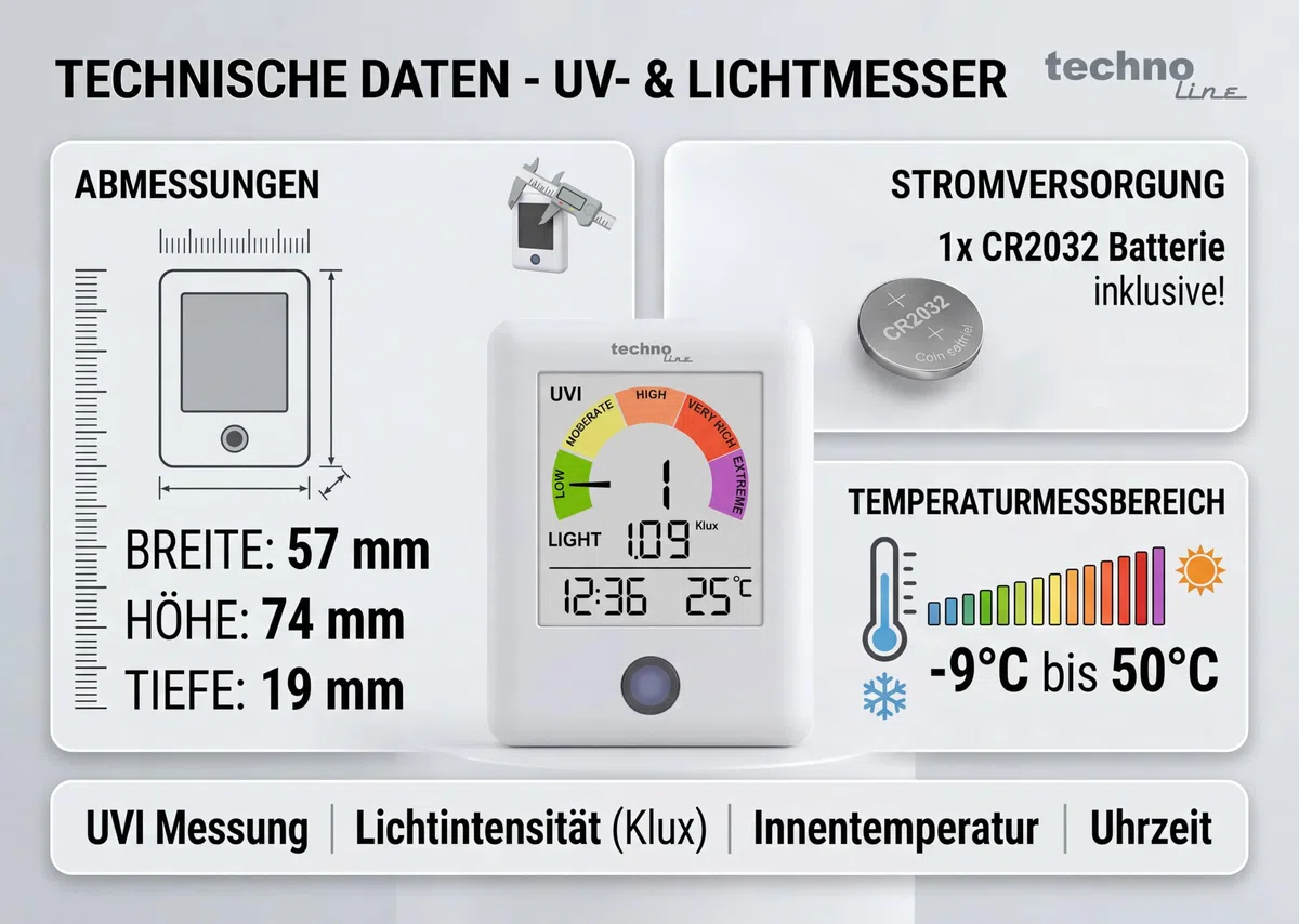 technoline WS9320 UV-Strahlungsmonitor mit UV-Index & Lichtmesser | Echtzeit UV-Messung alle 60 Sekunden | Innenraumtemperatur & Uhrzeit | UV-Warner mit Farbskala | Lichtintensitätsmesser bis 300 Klux