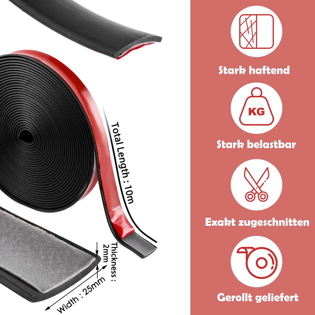 Gummistreifen Selbstklebend Gummi Klebeband 10M x 2.5CM x 2MM Massivgummi Dichtungsband Neopren Gummimatte Gummiplatte Isoliert und Stossfest fuer Tueren Fenster und Industrie