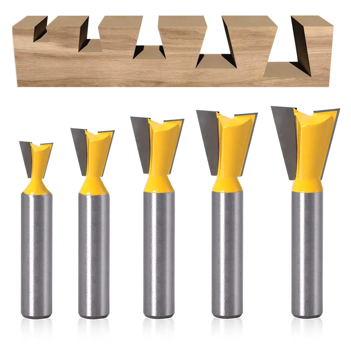 5 Stück Schwalbenschwanz Planfräser 8mm Schaft, Schwalbenschwanz Fräser Set, 1/4" 1/2" 3/8" 5/8" 3/4" Fräser für Oberfräse 8mm Schaft, Fräskopf für Oberfräse, Planfräser für Holz (5)