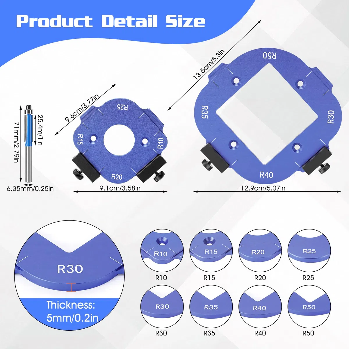 Frässchablone für Oberfräse, 2 Stück Radius Jig Router Schablone, Aluminiumlegierung Ecke Radius Schablone für Holzbearbeitung R10 R15 R20 R25 R30 R35 R40 R50 (Blau)