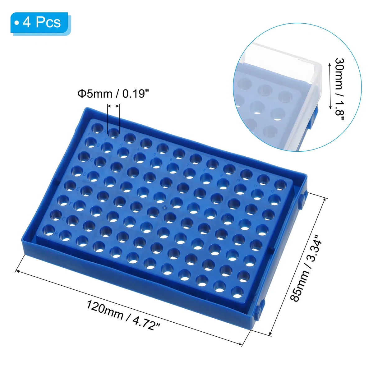 PATIKIL 96-Well PCR Tube Rack Für 0.2ml Teststreifen Röhrchen 4 Stücke Wasserdichte Röhrchen Füllschale Zentrifugenröhrchen Halter Blau