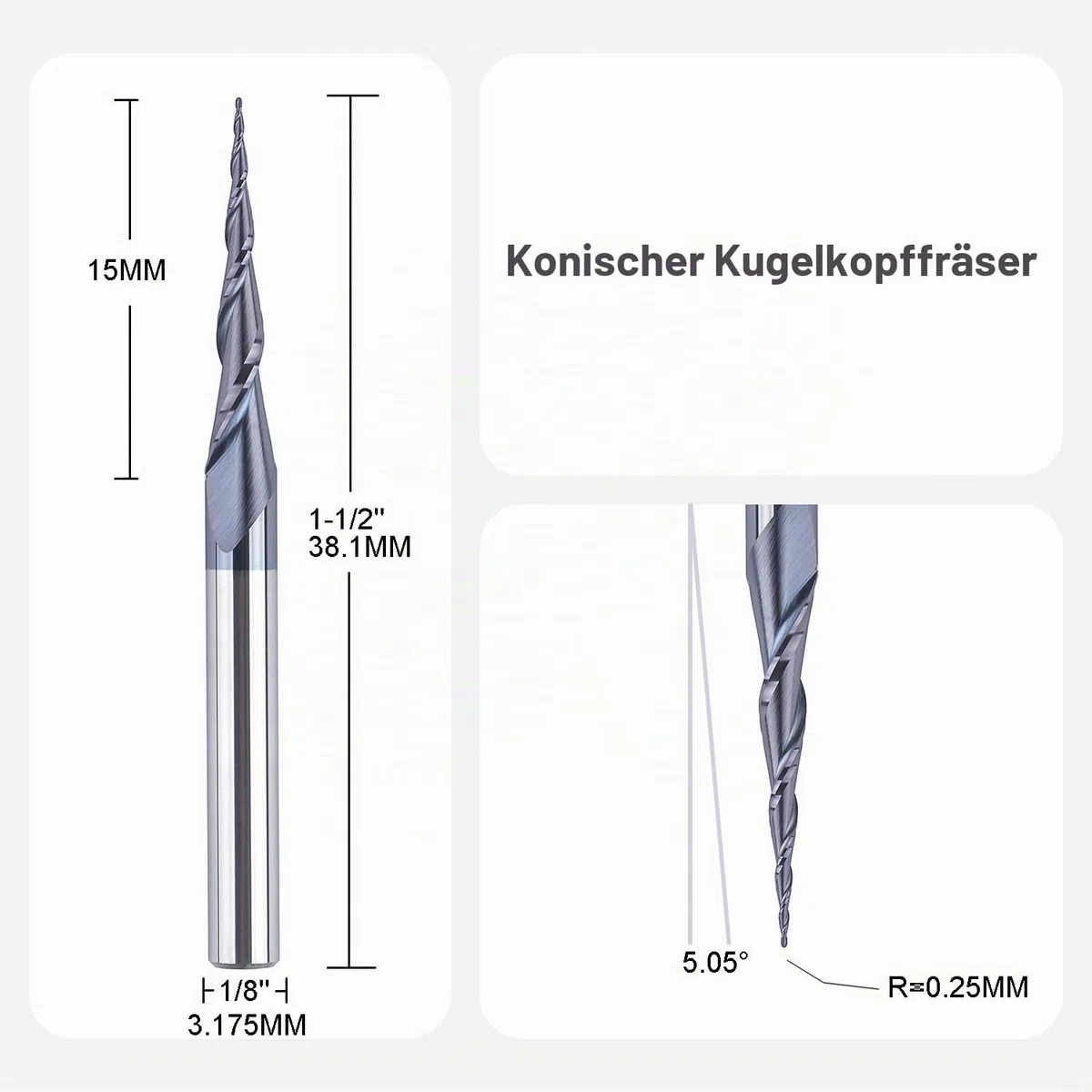 SpeTool Kugelkopffräser Konische Fräser CNC Schaftfräser 2 Flöten 0,25 mm Radius, 3,175 mm (1/8") Schaft TiAlN Beschichtung VHM Gravierfräser für Oberfräse 2D und 3D Gravur