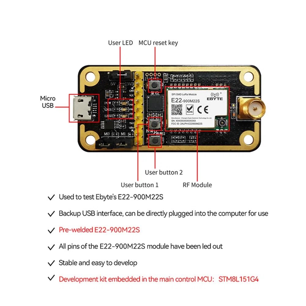 SX1262 LoRa-Testplatine E22-900MBL-01 868 MHz 915 MHz Entwicklungstestkit für E22-900M22S