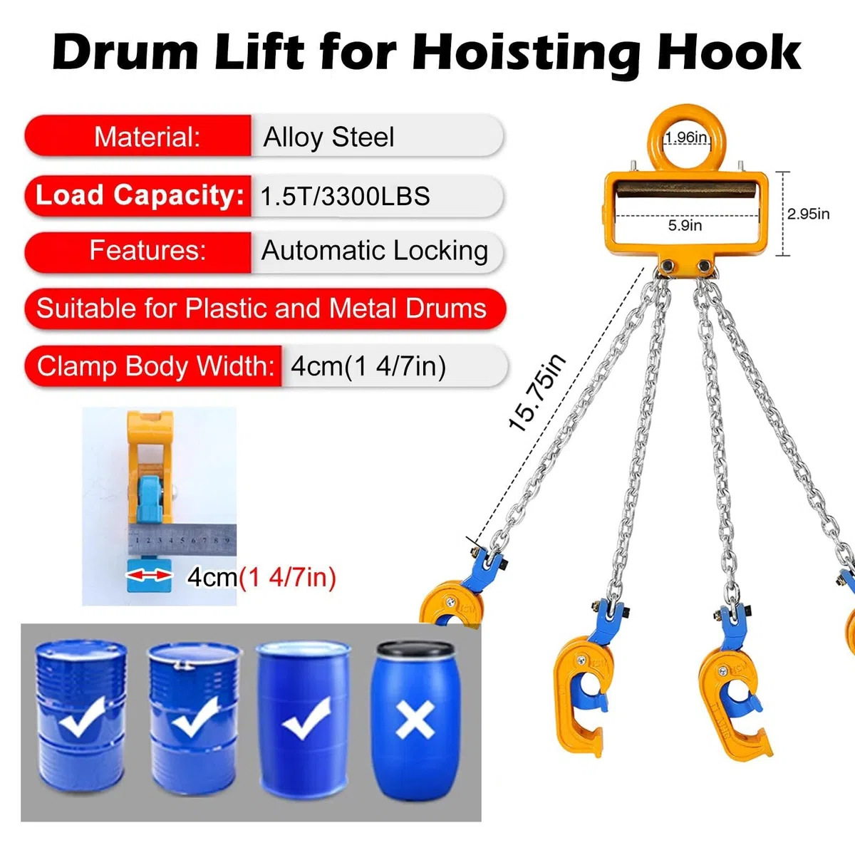 Heavy Duty Barrel Lifting Chain for Plastic & Steel Drums, 4 Hooks Vertical Drum Lifter with Self-Lock Clamp, Sling Handling Equipment for Crane Forklift