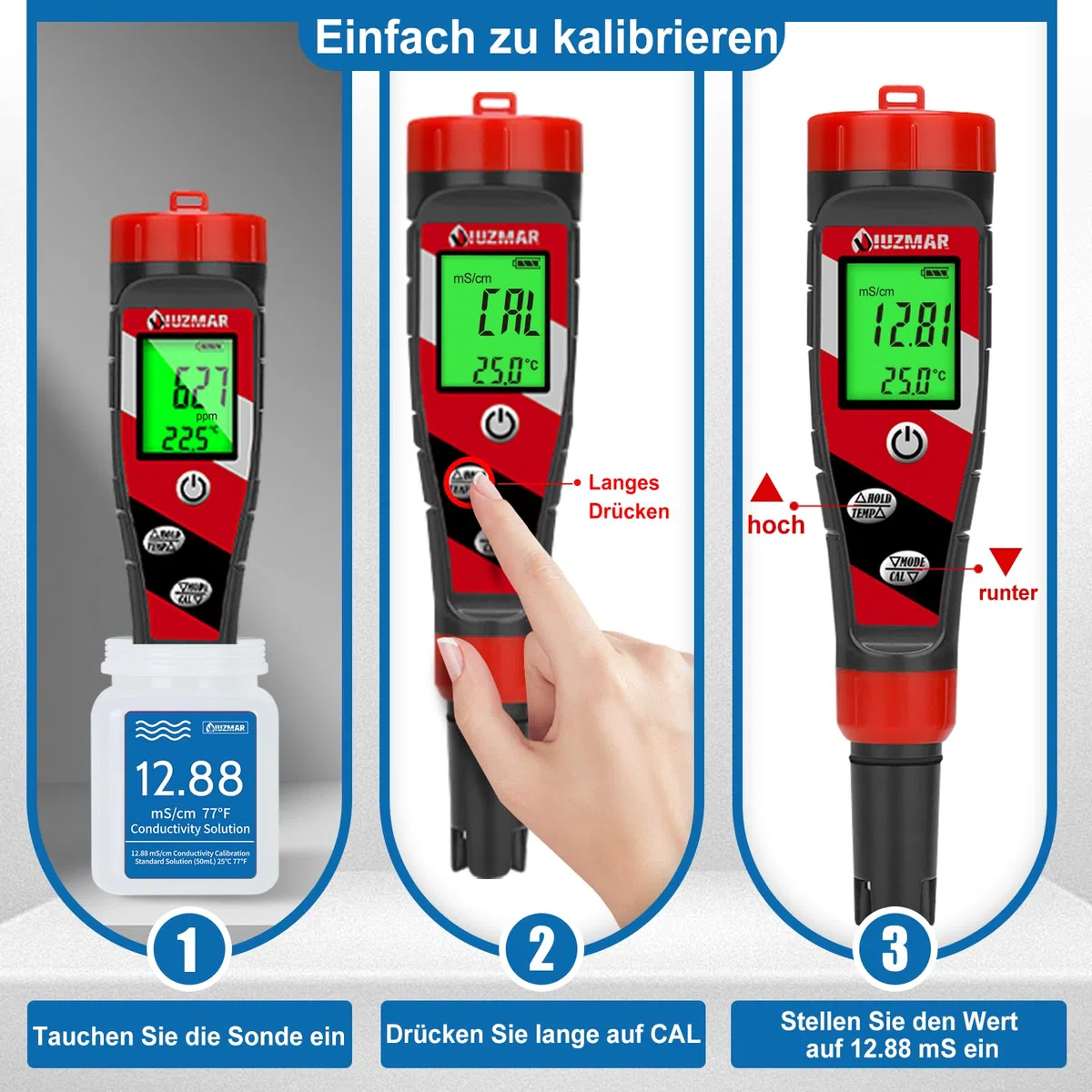 UIUZMAR 12.88 mS/cm Kalibrierlösung, Leitfähigkeit Standard Pufferlösung für EC Messgerät Hydroponik und TDS Messgerät, 4 Flaschen à 50 ml