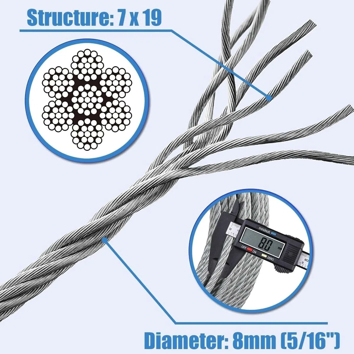 Edelstahldraht, Gartendraht, Edelstahl 7x19 Drahtseil Flugzeugkabel 6mm Silber (1-100M)(55M/180Ft)