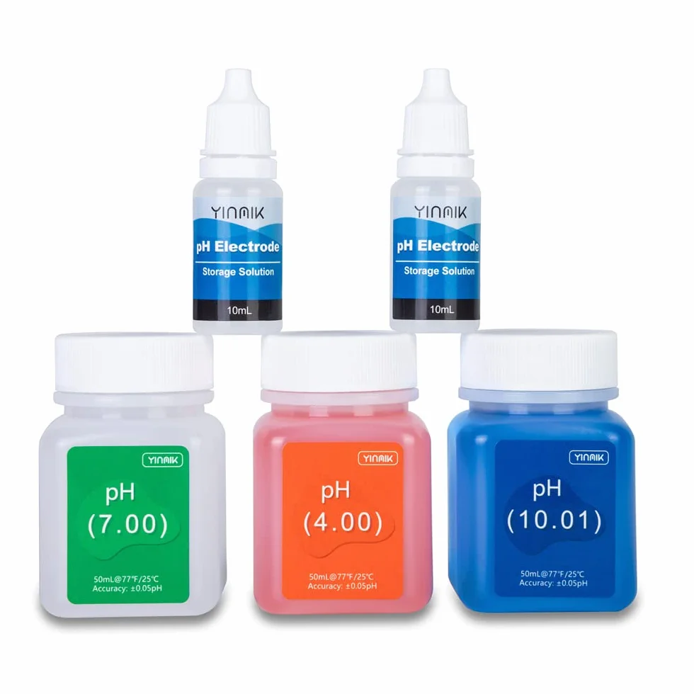 YINMIK pH Messgerät Kalibrierung Slösungs Kit (4.00, 7.00 und 10.01) mit pH Schutzlösungs Set, 3 Flaschen 50 ml pH Kalibrierung Spufferlösung und 2 Flaschen 10 ml KCL pH Sondenlösung für pH Messgerät