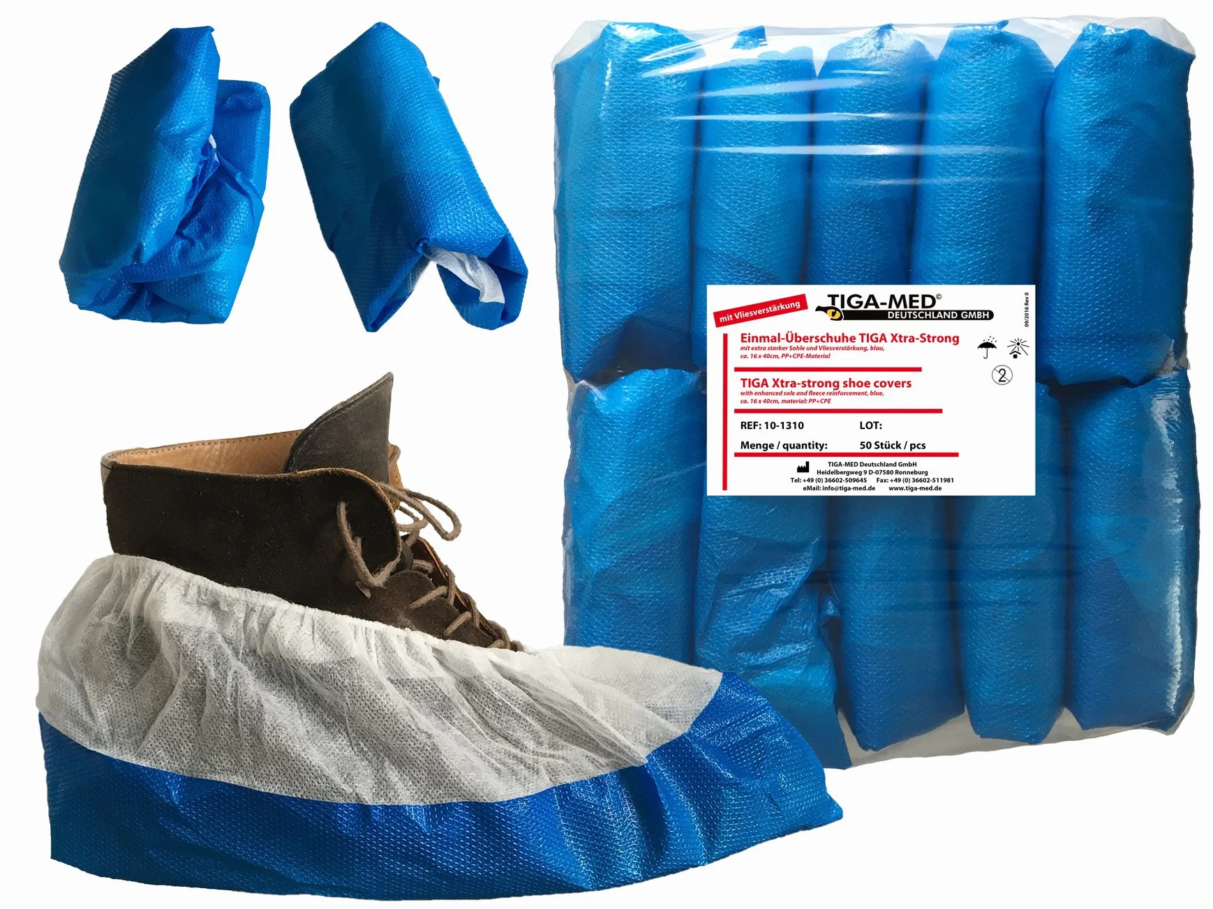 TIGA-MED Überschuhe 9,2 g extra stark | Einweg Schuhüberzieher aus CPE mit Vliesverstärkung | Extrem reißfest, rutschhemmend & wasserdicht | Blau | für Klinik, Industrie & Handwerk (50)