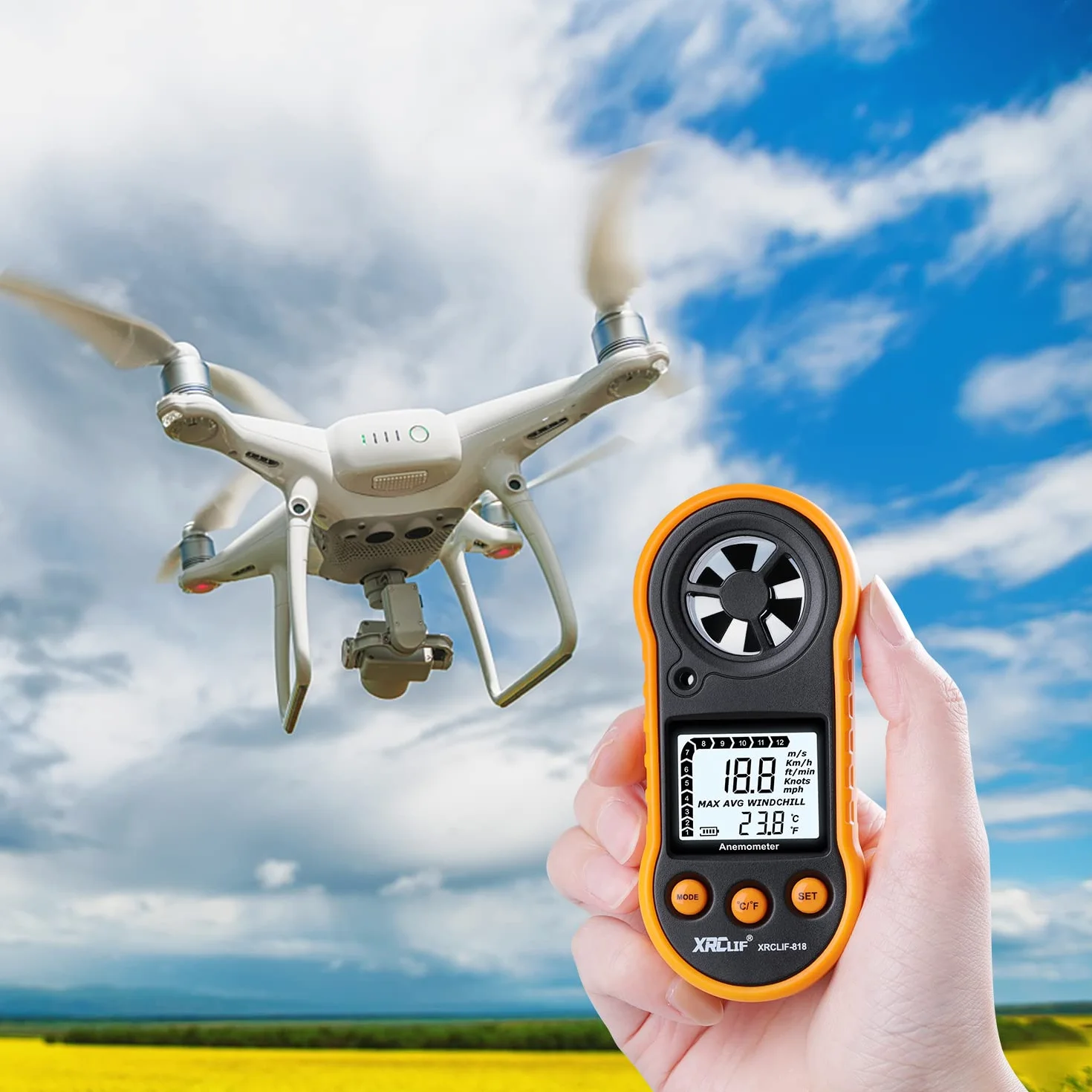 Digitales Anemometer Handheld, Windgeschwindigkeitsmesser Windmesser Luftstromgeschwindigkeitsmesser zur Messung von Windkälte Temperatur Geschwindigkeit, Windmesser Thermometer Messgerät für Schießen