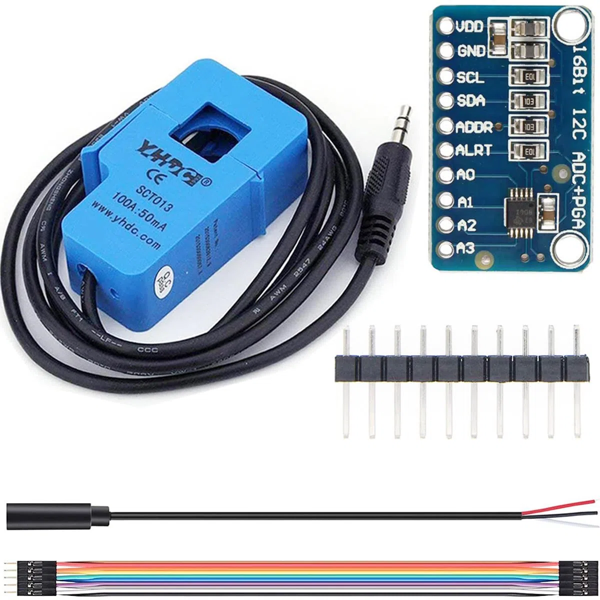 SCT-013-000 nicht-invasiver Wechselstrom-Sensor Split-Core-Transformator 100A mit ADC-Konvertierungsplatine + Audiokabelbuchse + 10PIN-Stecker und Buchse Dupont-Kabel