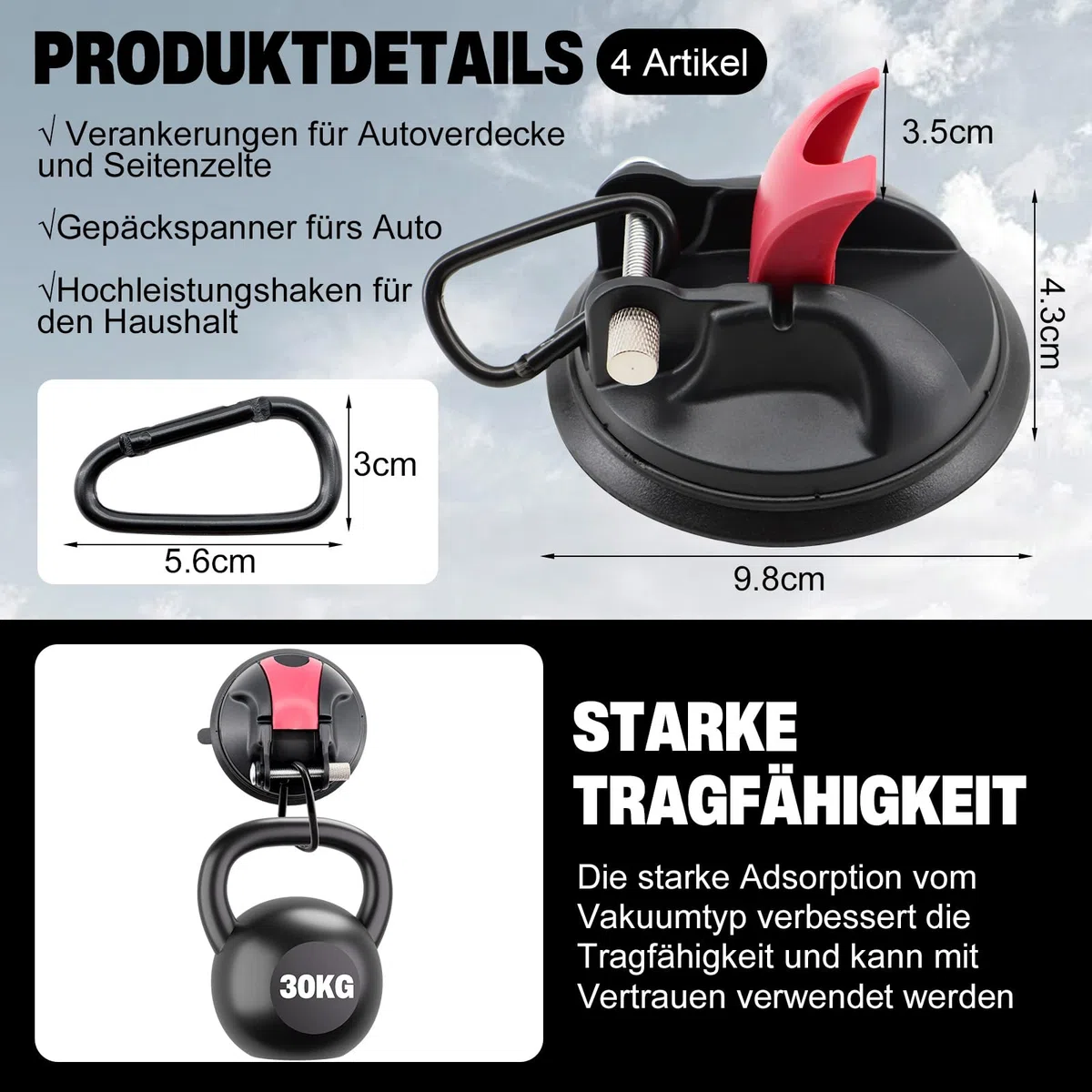 Scettar 4er Saugnapf Haken Stark Set mit D-Ringen Extra Starke Saugnäpfe 30kg Tragkraft,Wiederverwendbar Saughaken Ohne Bohren für Wohnmobil Auto Camping Zubehör Zelte Markisen Badezimmer