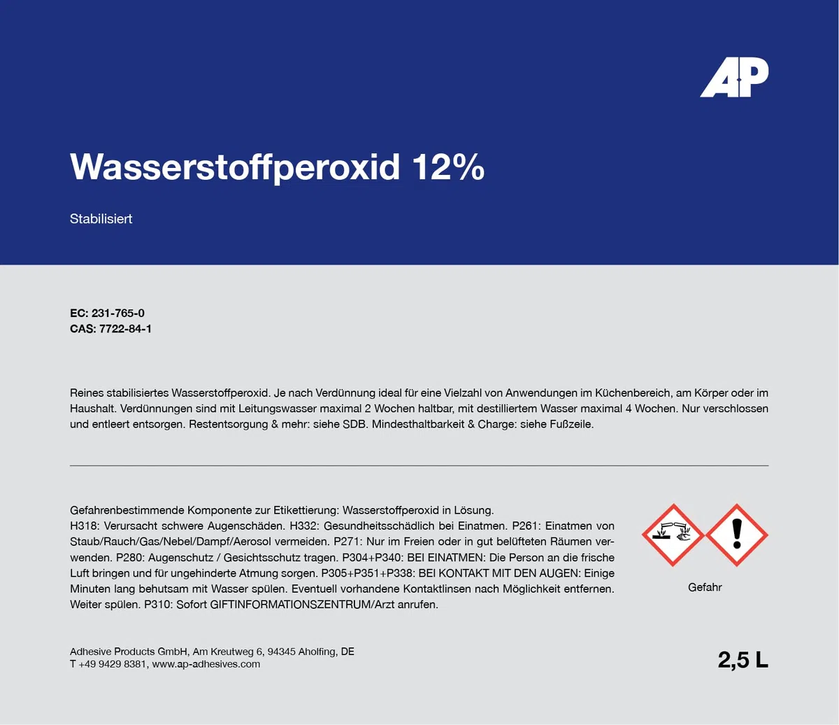 Wasserstoffperoxid 12%, stabilisiert - Stabilisator: Phosphorsäure, technisch reine Qualität (2,5 L)