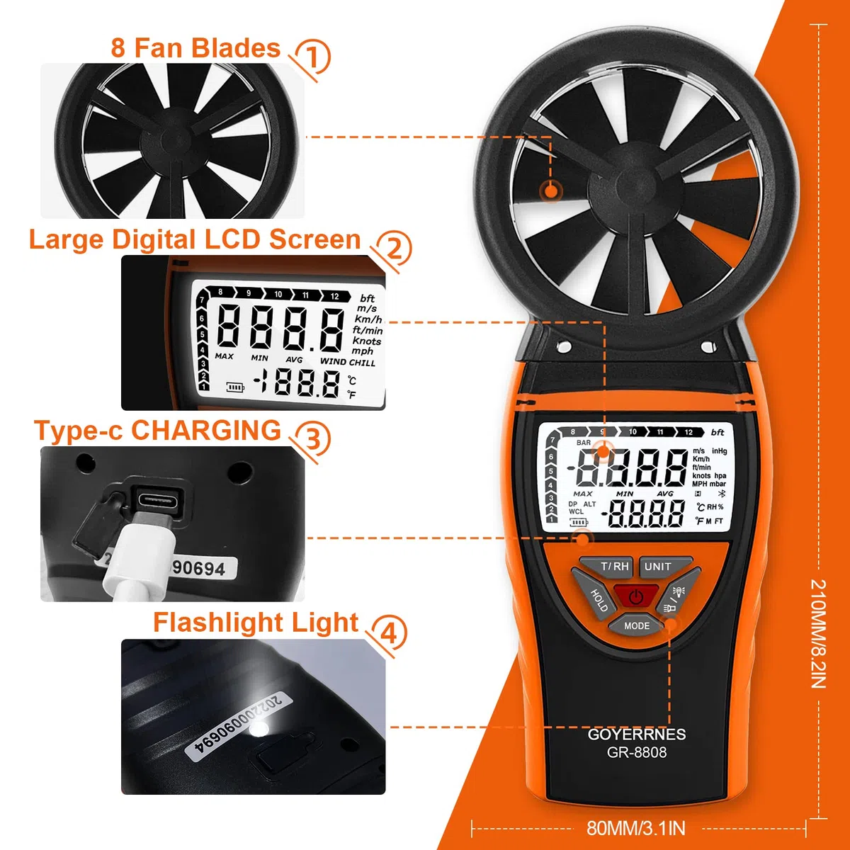 Handheld Windmesser Digitaler Anemometer 0.3~30m/s Windgeschwindigkeitsmessgerät, GR-8808,das Temperatur für Navigation,Segelwettbewerb,verschiedene Ventilatorherstellungsindustrien, Datenaufbewahrung