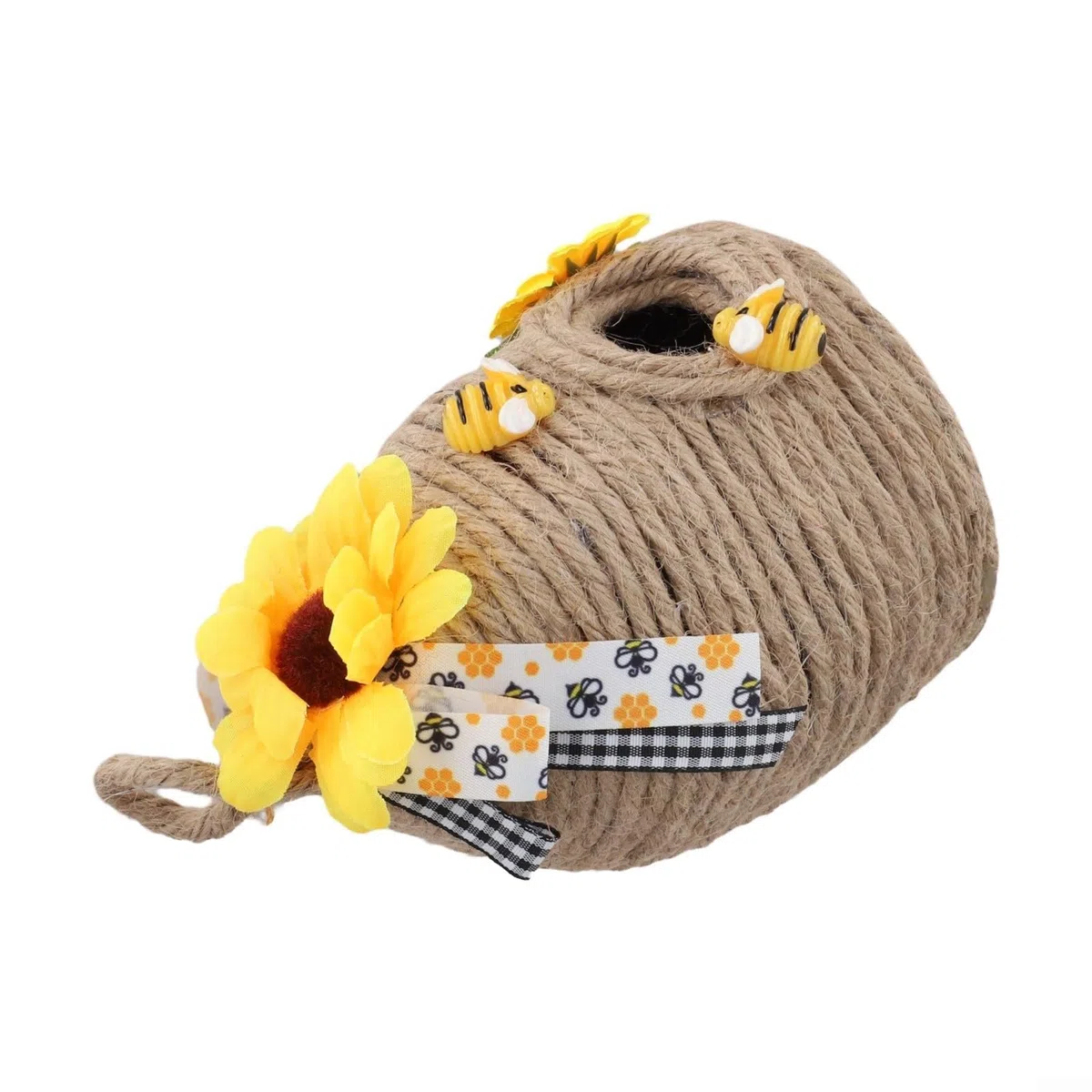 Handgefertigter Bienenstock-Dekor mit Hanfseil und Holzbienen mit Sonnenblume und Band, rustikales Bienenhaus für Innen- und Außenbereich (B und B)
