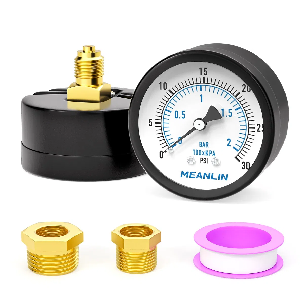 MEANLIN MEASURE 0~2BAR/0~30PSI Brunnenpumpe Druckmesser 2"DIAL FACE 1/4"BSP, mit 1/4"x 1/2"BSP und 1/4"x 3/8"BSP Hex Bushing, Pool Sand Filter Wasser Öl Luftdruck Test Center Back Mount