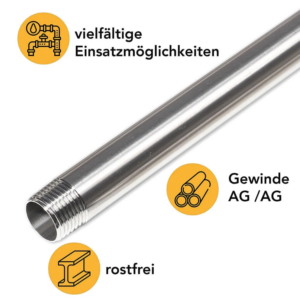 Edelstahlrohr 1/2 Zoll | Gewinde: AG/AG - 100 CM | Gewinderohr Wasserrohr Rohrnippel Gewindefitting Rohrdoppelnippel V2A