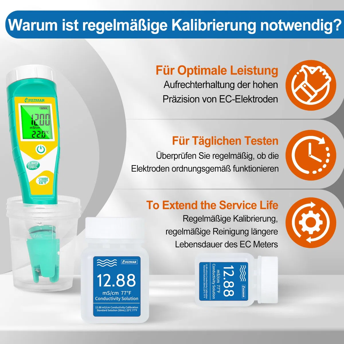 UIUZMAR 12.88 mS/cm Kalibrierlösung, Leitfähigkeit Standard Pufferlösung für EC Messgerät Hydroponik und TDS Messgerät, 4 Flaschen à 50 ml