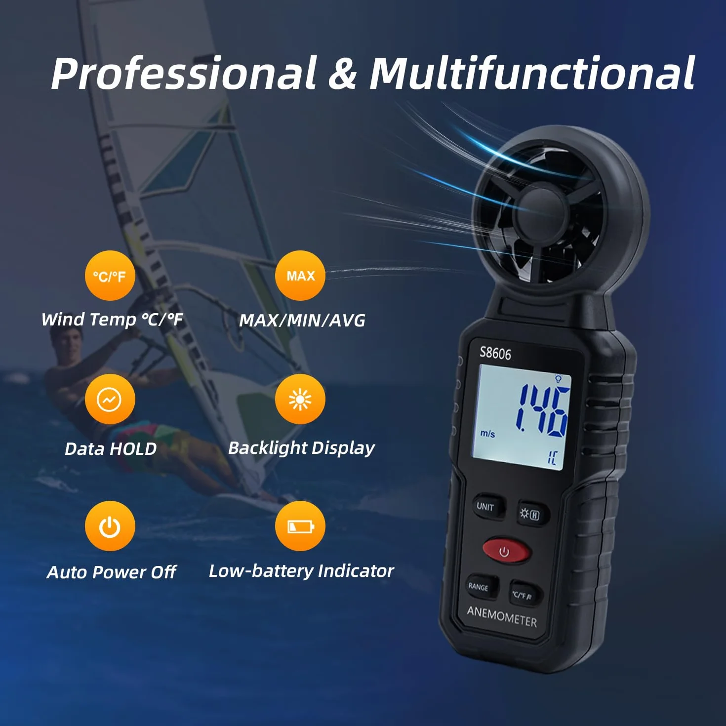 Mcbazel 3 in 1 Handheld Digital Anemometer Windmesser, Windmessgerät zur Messung der Windgeschwindigkeit, Temperatur, Windchill für HAVC, Drohne, Segeln, Angeln