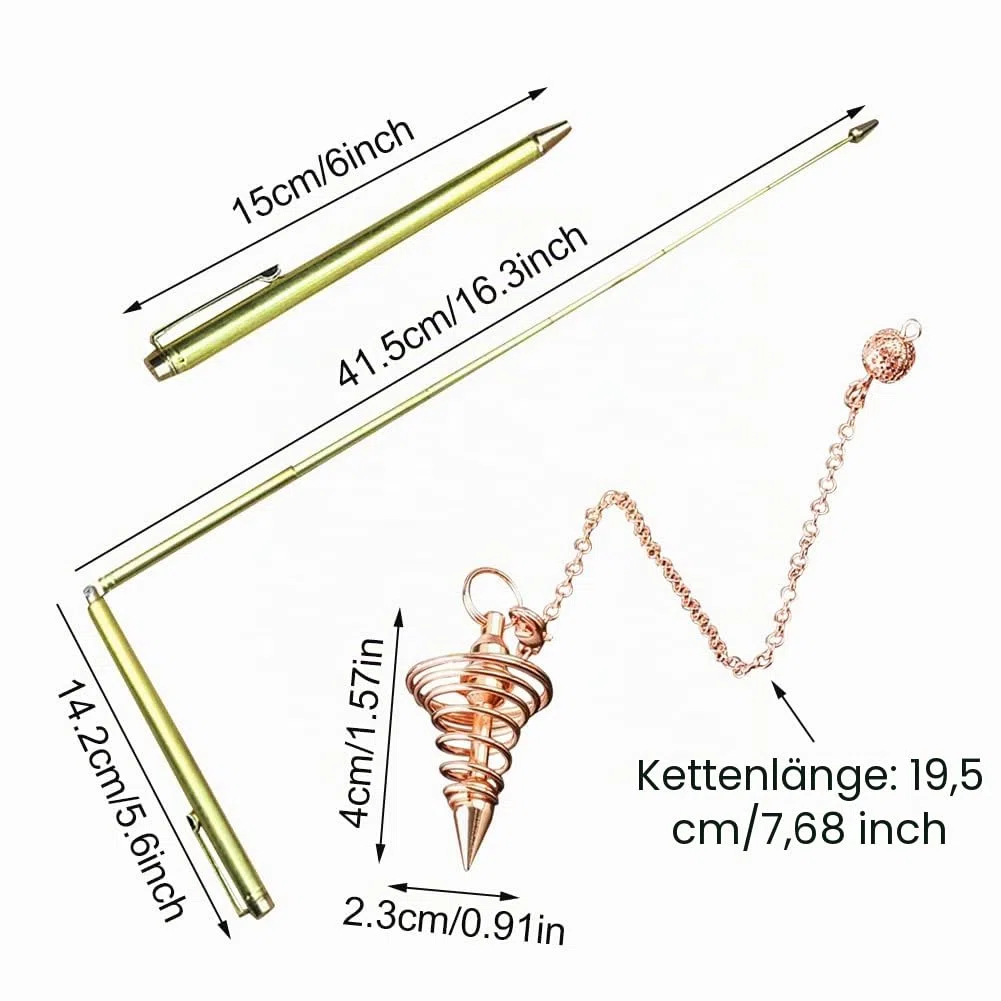 Faderr Dowsing Rods, Energieheilung Messing Detect Gold Tool Dowsing Rod Set mit Pendelanhänger, einziehbare Tauchende L Stangen Wasserdetektor Messinstrumente