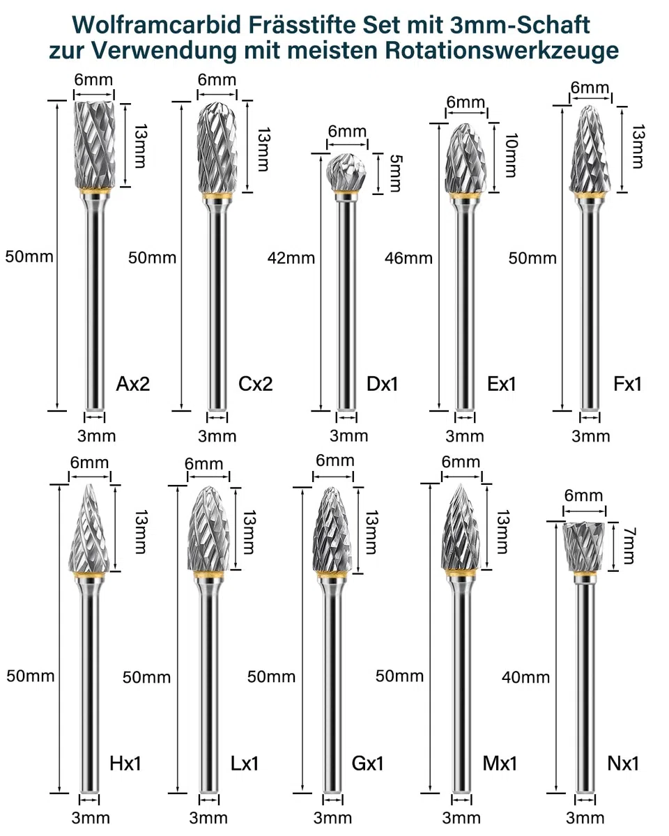 Hartmetall Frässtifte Set, Lytool 12 Stück Doppelschnitt Rotationsfräser mit 3mm Schaft, Dremel Zubehör für Holz Schnitzen, Metallpolieren, Gravieren, Schleifen und Bohren