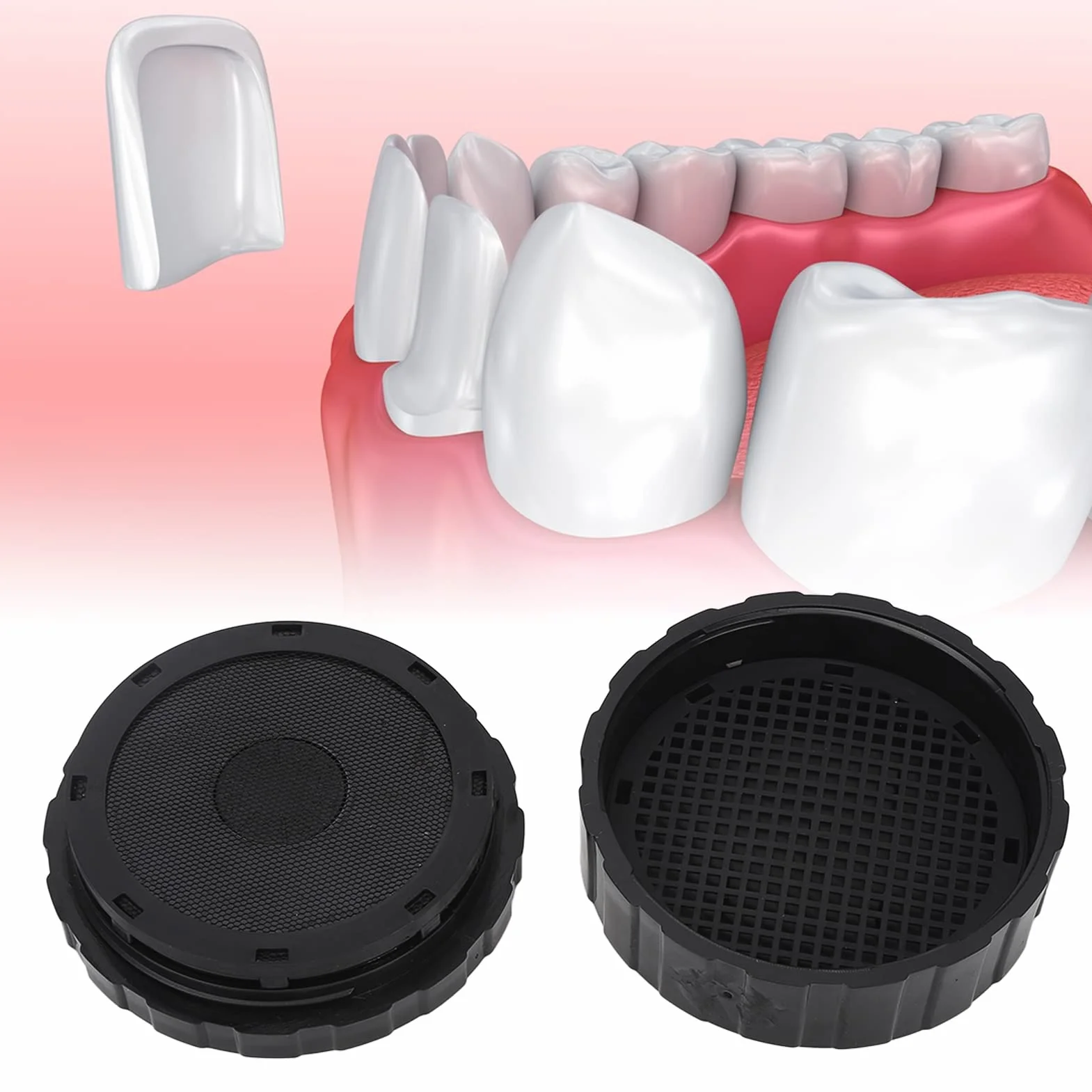 Veneer Box, Vollkeramik Veneer Verarbeitungsbox, Tragbare und Wiederverwendbare Prothesen Aufbewahrungsbox mit Ersatzpolster, Runde Form, Ultradünnes Netz, Schwarz
