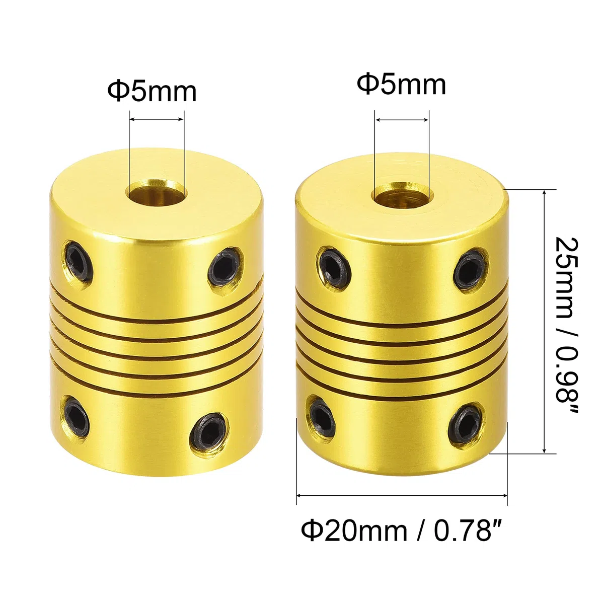 sourcing map 5Stk. 5mm bis 5mm Aluminiumlegierung Flexible Wellenkupplung L25xD20 Goldton