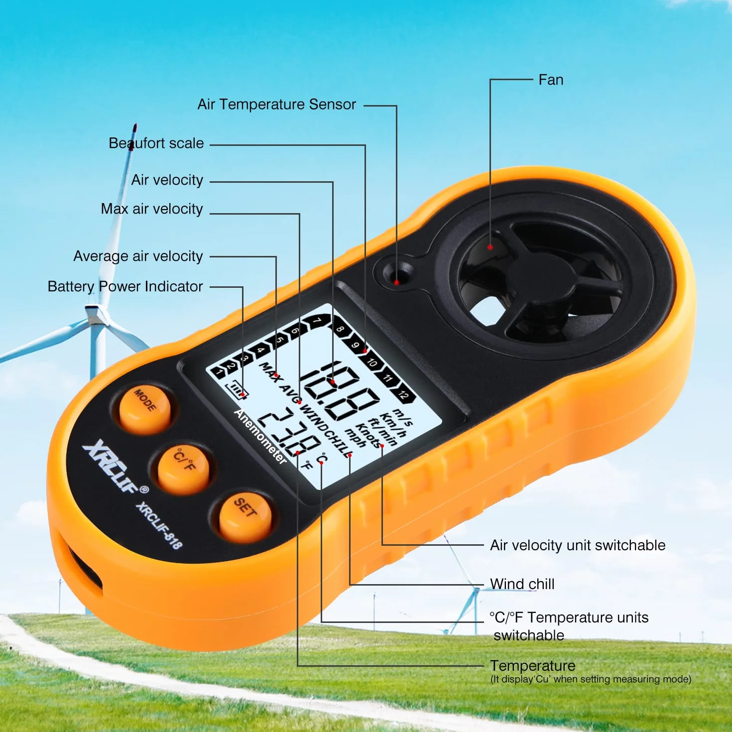 Digitales Anemometer Handheld, Windgeschwindigkeitsmesser Windmesser Luftstromgeschwindigkeitsmesser zur Messung von Windkälte Temperatur Geschwindigkeit, Windmesser Thermometer Messgerät für Schießen