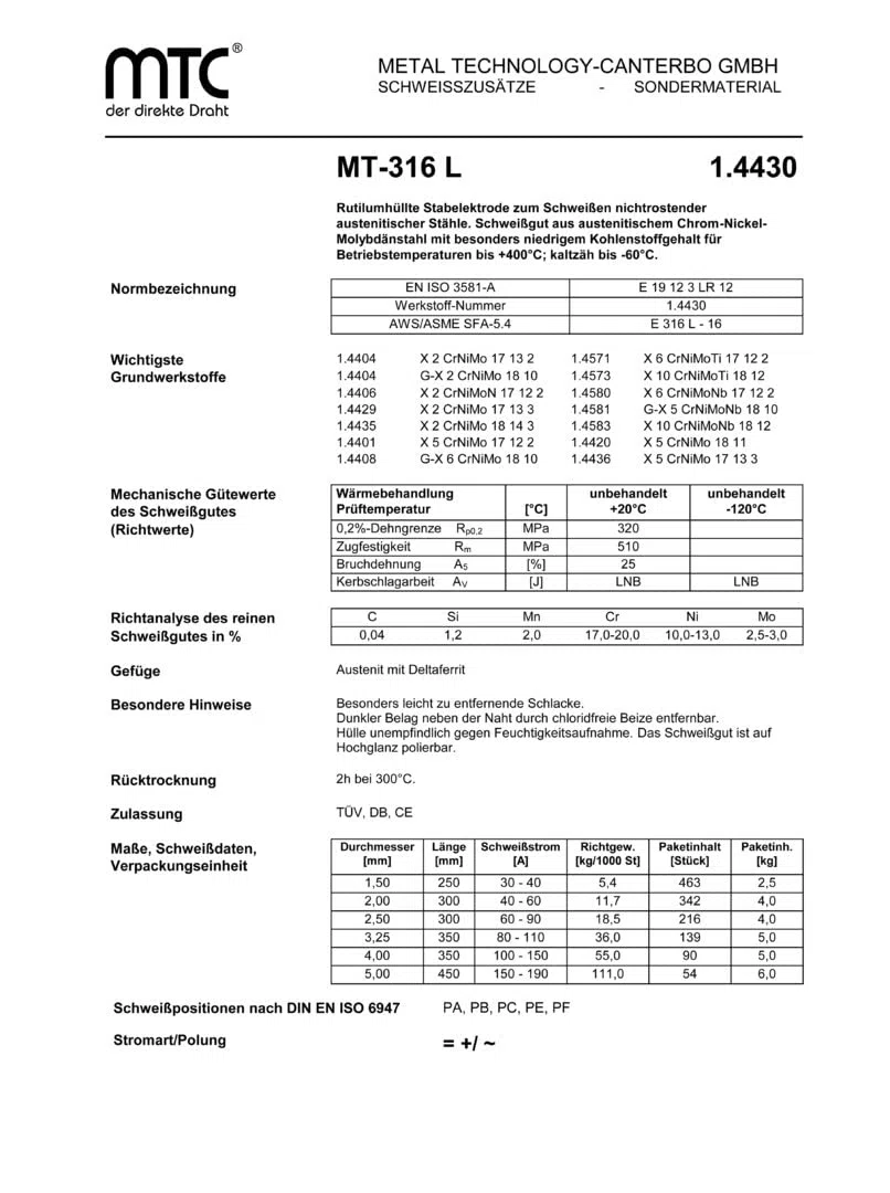MTC INOX MT-316L 1,5 x 250 mm 50 Stück Stabelektroden/Schweißelektroden Edelstahl Draht 1.4430 V4A ER 316 VA Schweißen 4430