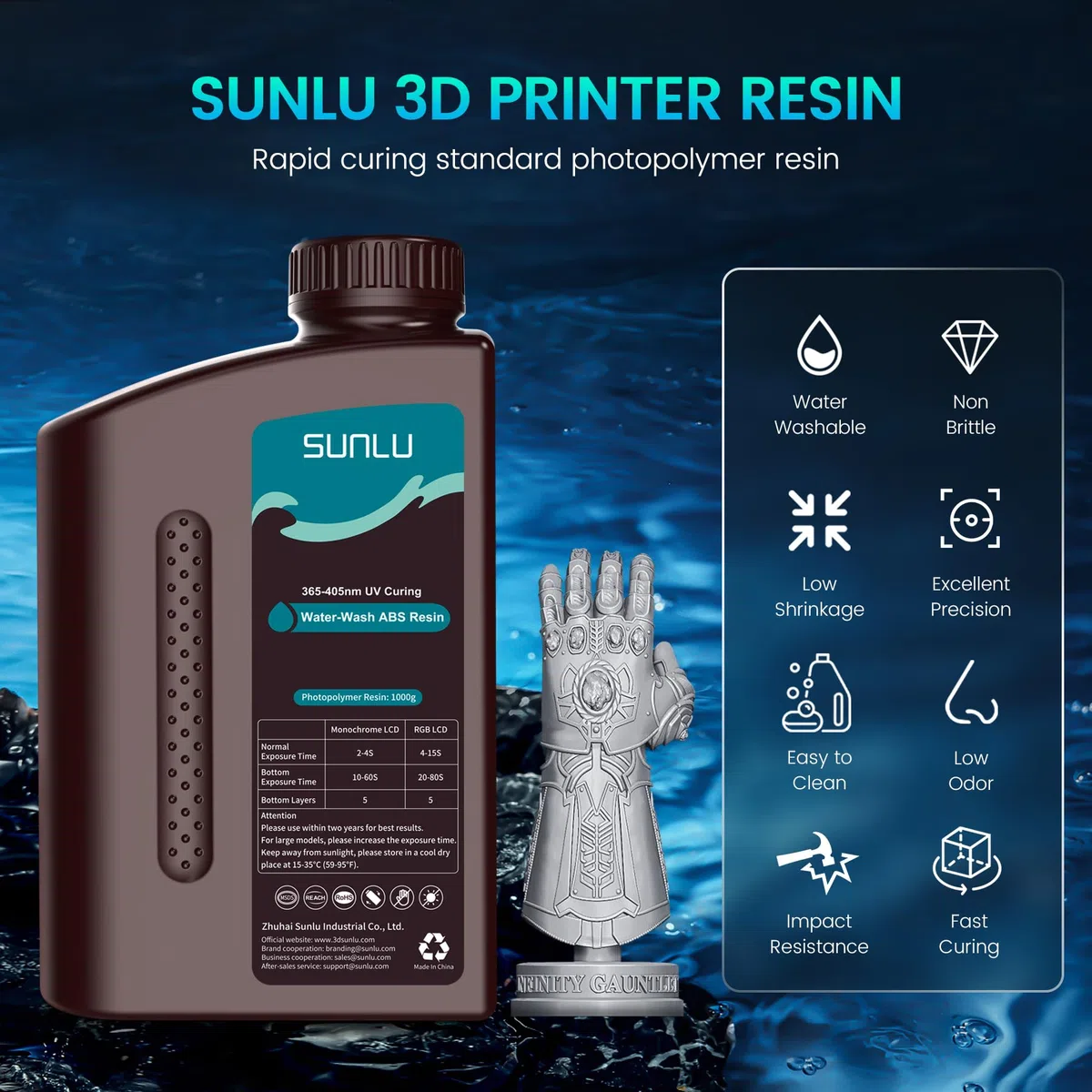 SUNLU ABS Like Resin Water Washable Resin Dunkelgrau, Einfache Nachbearbeitung Water Wash ABS Wie Harz, Höhere Festigkeit und Zähigkeit 405 nm UV-härtendes Harz für Harz 3D Drucker, Dunkelgrau 1000g