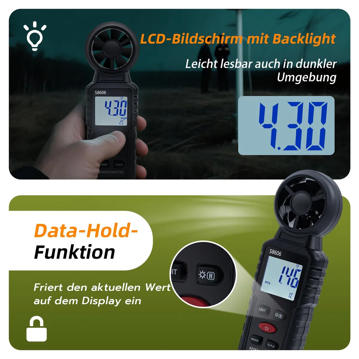Digitaler Windmesser Anemometer Handheld, 3 in 1 Windmessgerät mit Windgeschwindigkeit, Temperatur & Windchill Messung, Beaufort-Skala 1-12, 5 Einheiten, MAX/MIN/AVG, für HVAC/Drohne/Outdoor