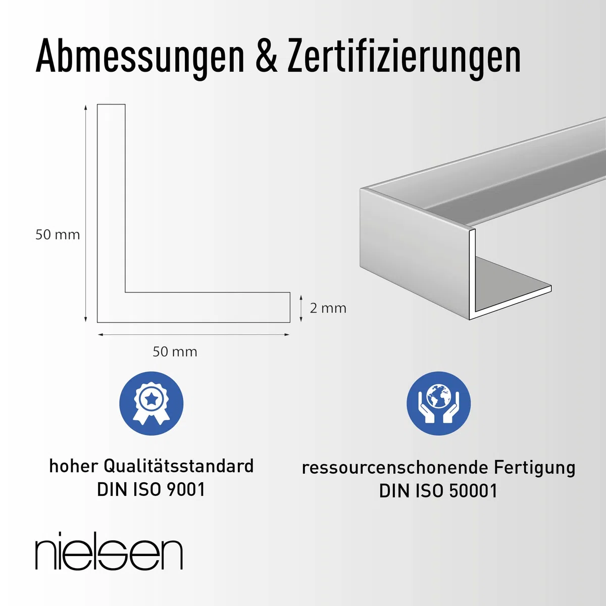 nielsen Aluminium Winkelprofil Natur (Pressblank) 2000x50x50 mm, Stärke: 2 mm, Länge: 200 cm, gleichschenklig, Made in Germany, Eckschutzprofil, Kantenschutz, Abschlußprofil, Ausgleichswinkel