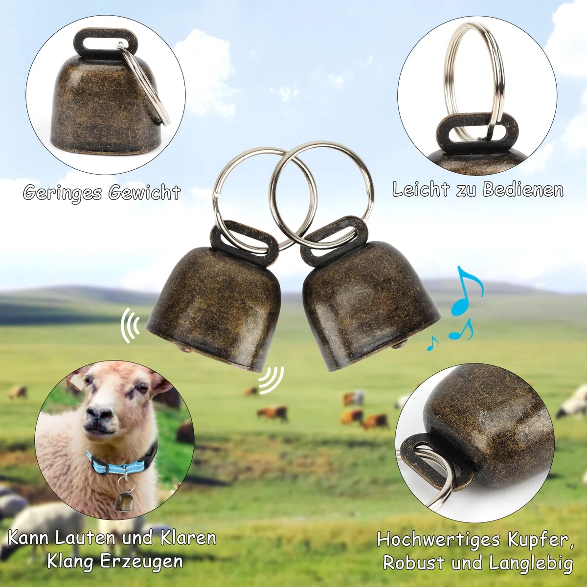 5 Stück Reflektierend Ziegen Halsbänder mit Glöckchen, Verstellbare Nylon Schaf Halsbänder,auf der Weide Kuhglocken für Kleine Nutztiere Ziege Schaf und Kuh mit Anti-Verlust-Halsband