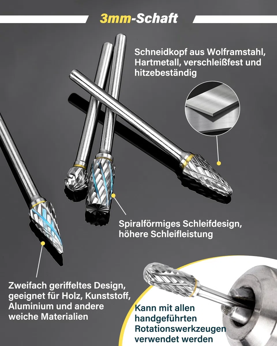 Hartmetall Frässtifte Set, Lytool 12 Stück Doppelschnitt Rotationsfräser mit 3mm Schaft, Dremel Zubehör für Holz Schnitzen, Metallpolieren, Gravieren, Schleifen und Bohren