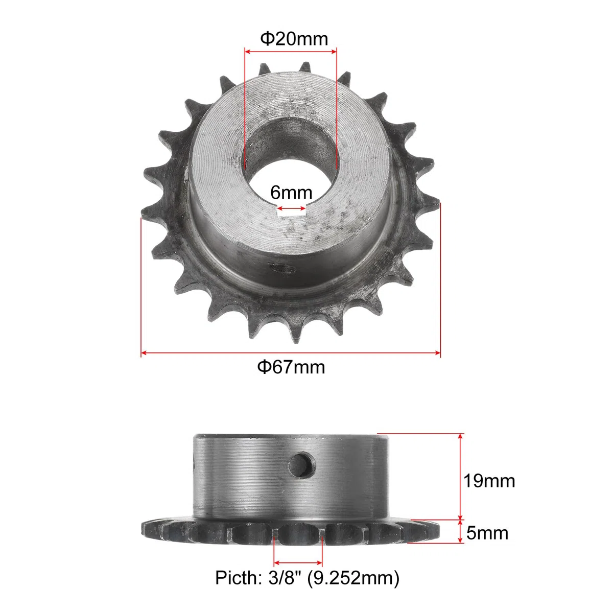 QUARKZMAN ISO/DIN 06B-1 Rollenkettenrad B-Typ, 20 mm Bohrung, 3/8" Teilung, A3-Stahl Einzelstrang-Rollenkettenrad gehärtet, 21 Zähne