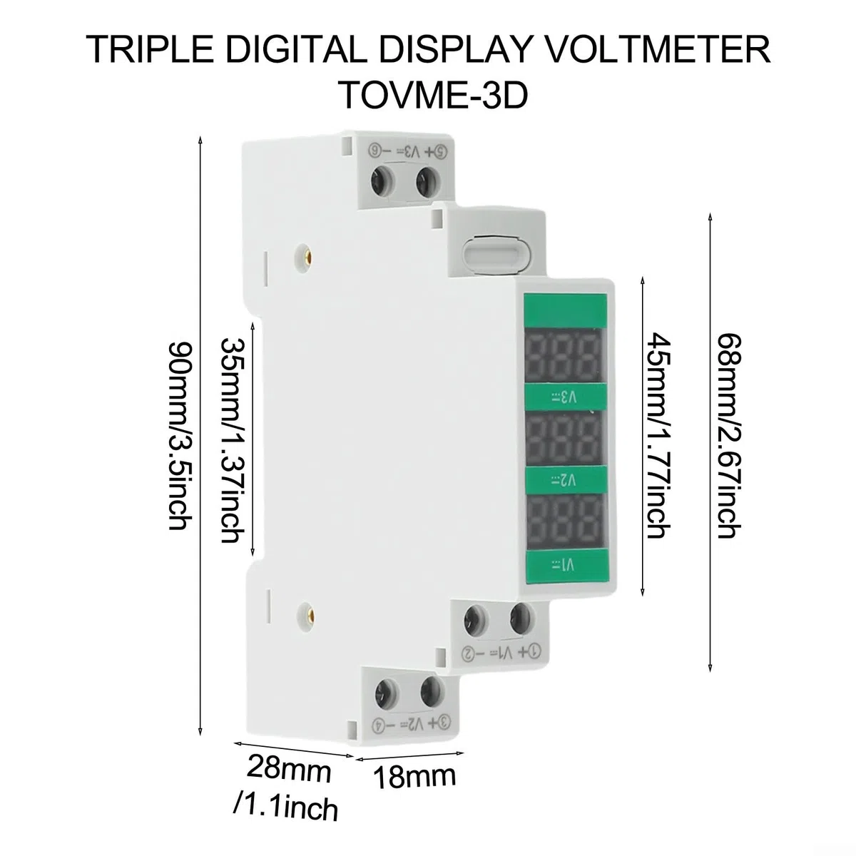 DC Spannungsmesser für DIN-Schienenmontage, 11V-310V LED-Digitalanzeige, 2/3-Wege-Modular-Voltmeter, Echtzeitmessung, industrieller Einsatz (TOVME-3D)