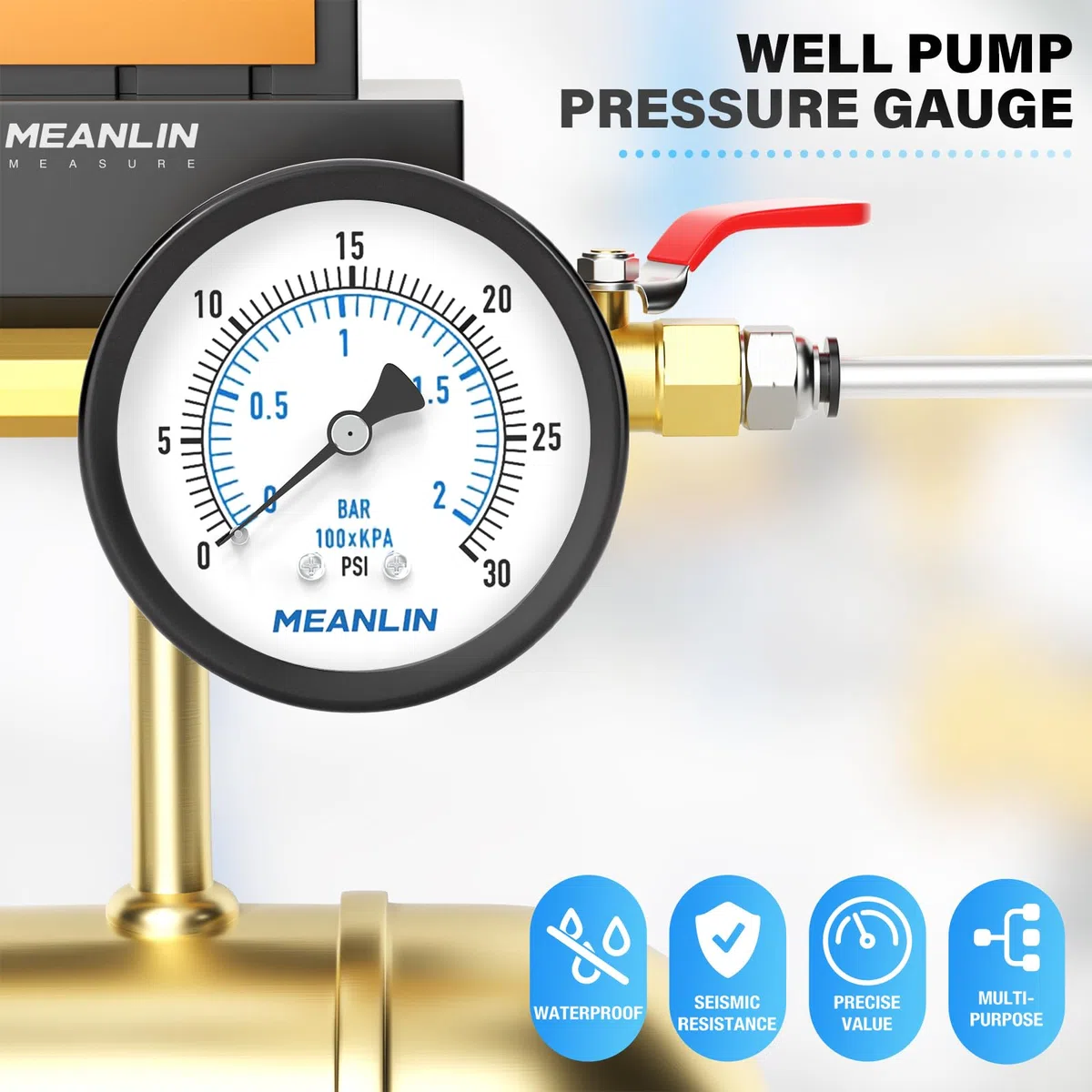MEANLIN MEASURE 0~2BAR/0~30PSI Brunnenpumpe Druckmesser 2"DIAL FACE 1/4"BSP, mit 1/4"x 1/2"BSP und 1/4"x 3/8"BSP Hex Bushing, Pool Sand Filter Wasser Öl Luftdruck Test Center Back Mount