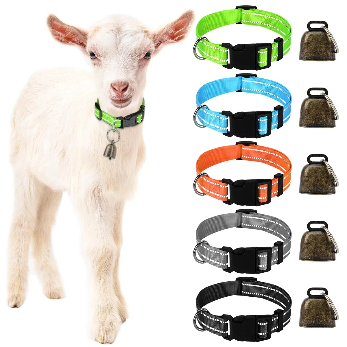 5 Stück Reflektierend Ziegen Halsbänder mit Glöckchen, Verstellbare Nylon Schaf Halsbänder,auf der Weide Kuhglocken für Kleine Nutztiere Ziege Schaf und Kuh mit Anti-Verlust-Halsband