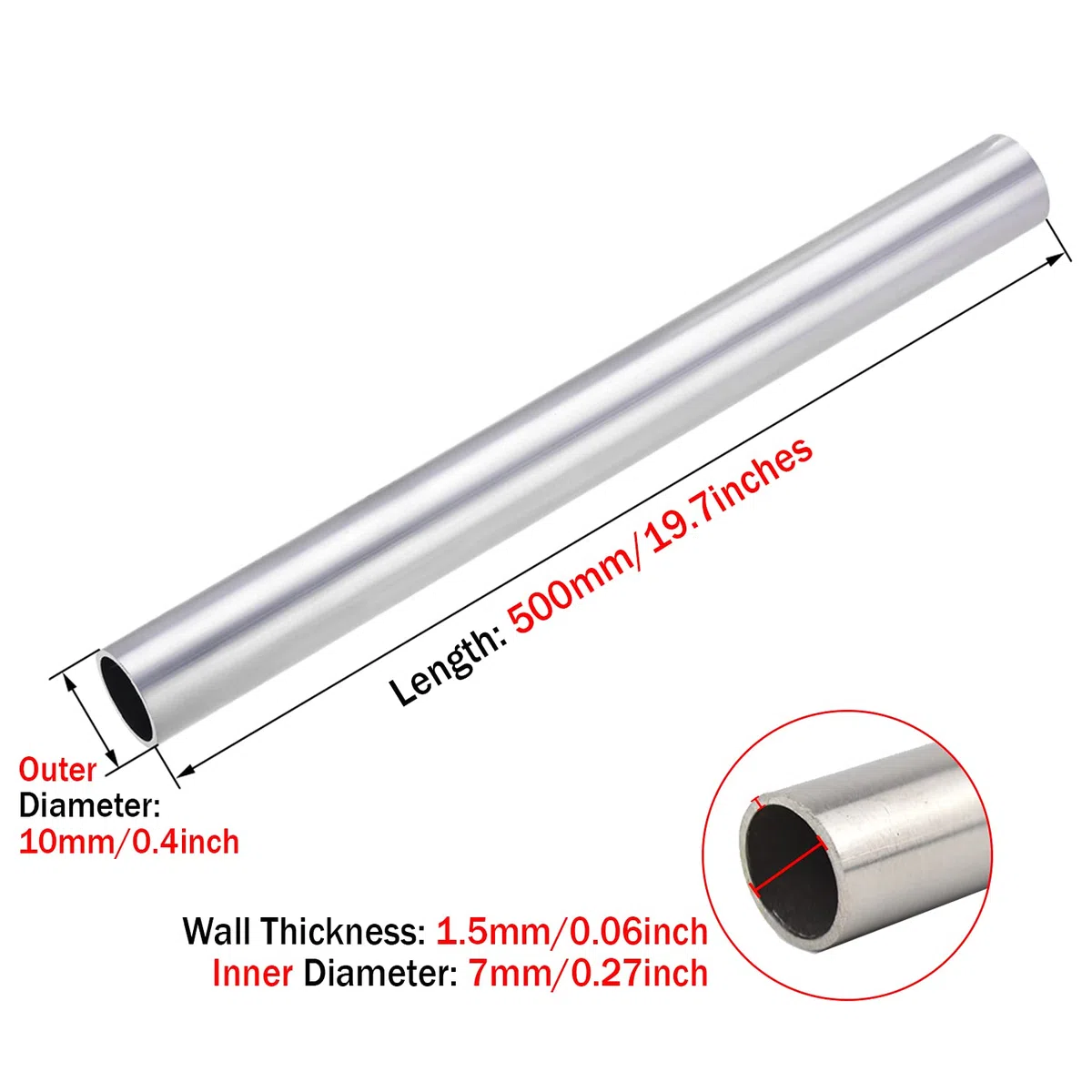 1 Stück Titan TA2-Rohr, leicht, halber Meter, Wandstärke 0,5 mm, geringe Dichte, hohe Reinheit, Festigkeit, Länge 500 mm(OD 10mm)