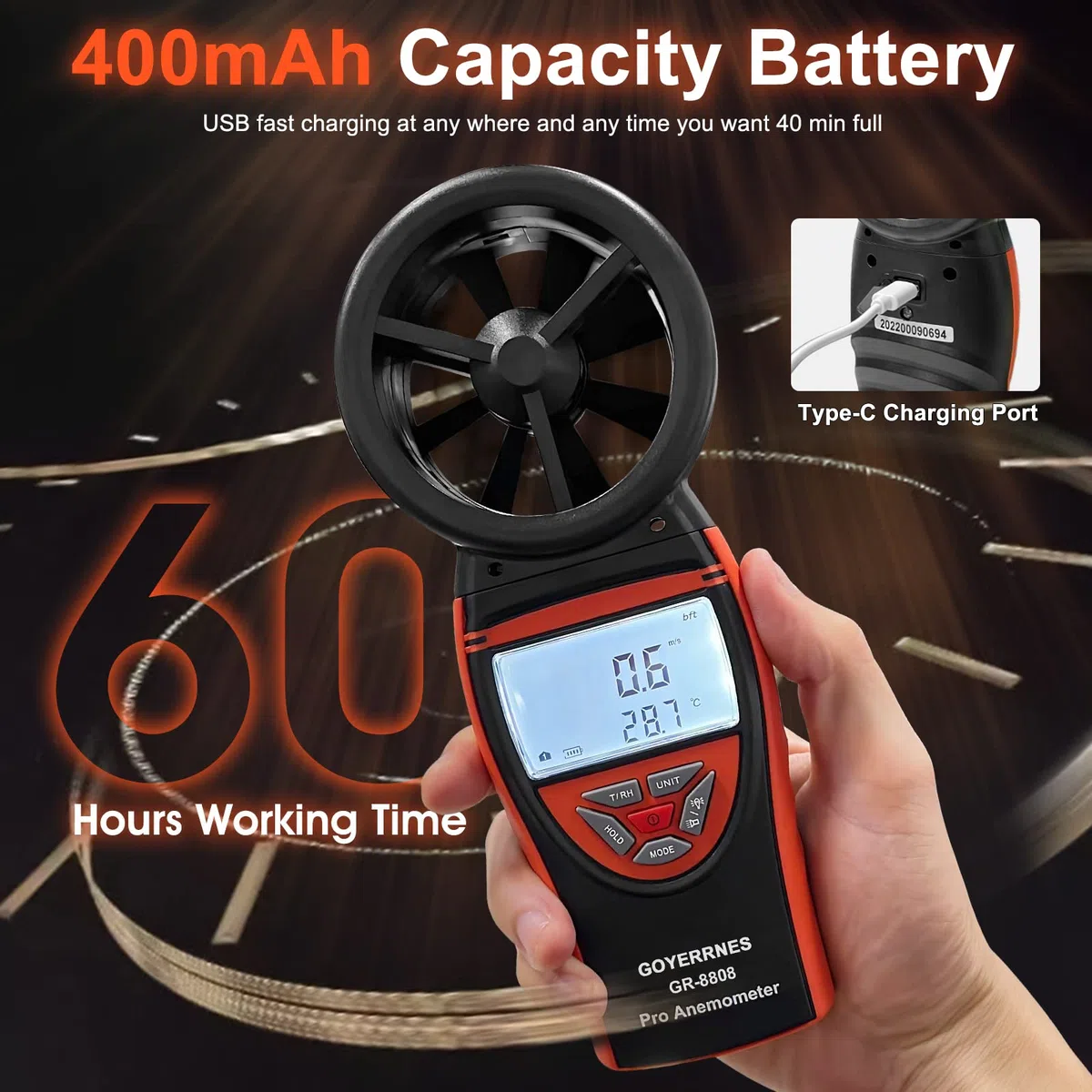 Handheld Windmesser Digitaler Anemometer 0.3~30m/s Windgeschwindigkeitsmessgerät, GR-8808,das Temperatur für Navigation,Segelwettbewerb,verschiedene Ventilatorherstellungsindustrien, Datenaufbewahrung