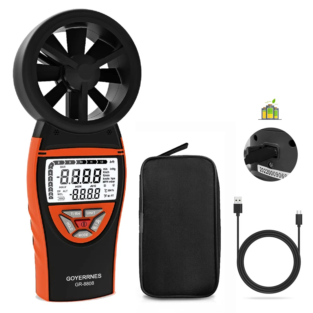Handheld Windmesser Digitaler Anemometer 0.3~30m/s Windgeschwindigkeitsmessgerät, GR-8808,das Temperatur für Navigation,Segelwettbewerb,verschiedene Ventilatorherstellungsindustrien, Datenaufbewahrung
