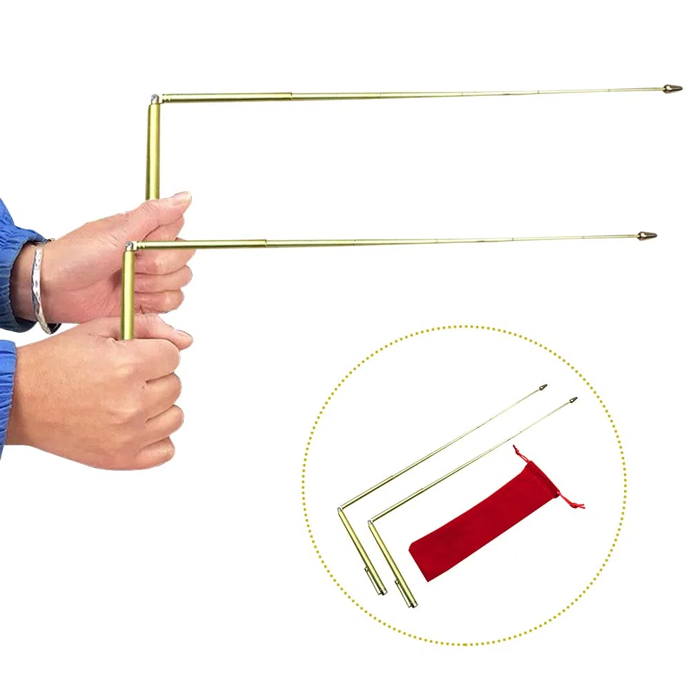 Faderr Dowsing Rods, Energieheilung Messing Detect Gold Tool Dowsing Rod Set mit Pendelanhänger, einziehbare Tauchende L Stangen Wasserdetektor Messinstrumente