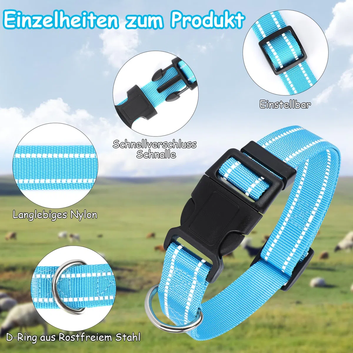 5 Stück Reflektierend Ziegen Halsbänder mit Glöckchen, Verstellbare Nylon Schaf Halsbänder,auf der Weide Kuhglocken für Kleine Nutztiere Ziege Schaf und Kuh mit Anti-Verlust-Halsband